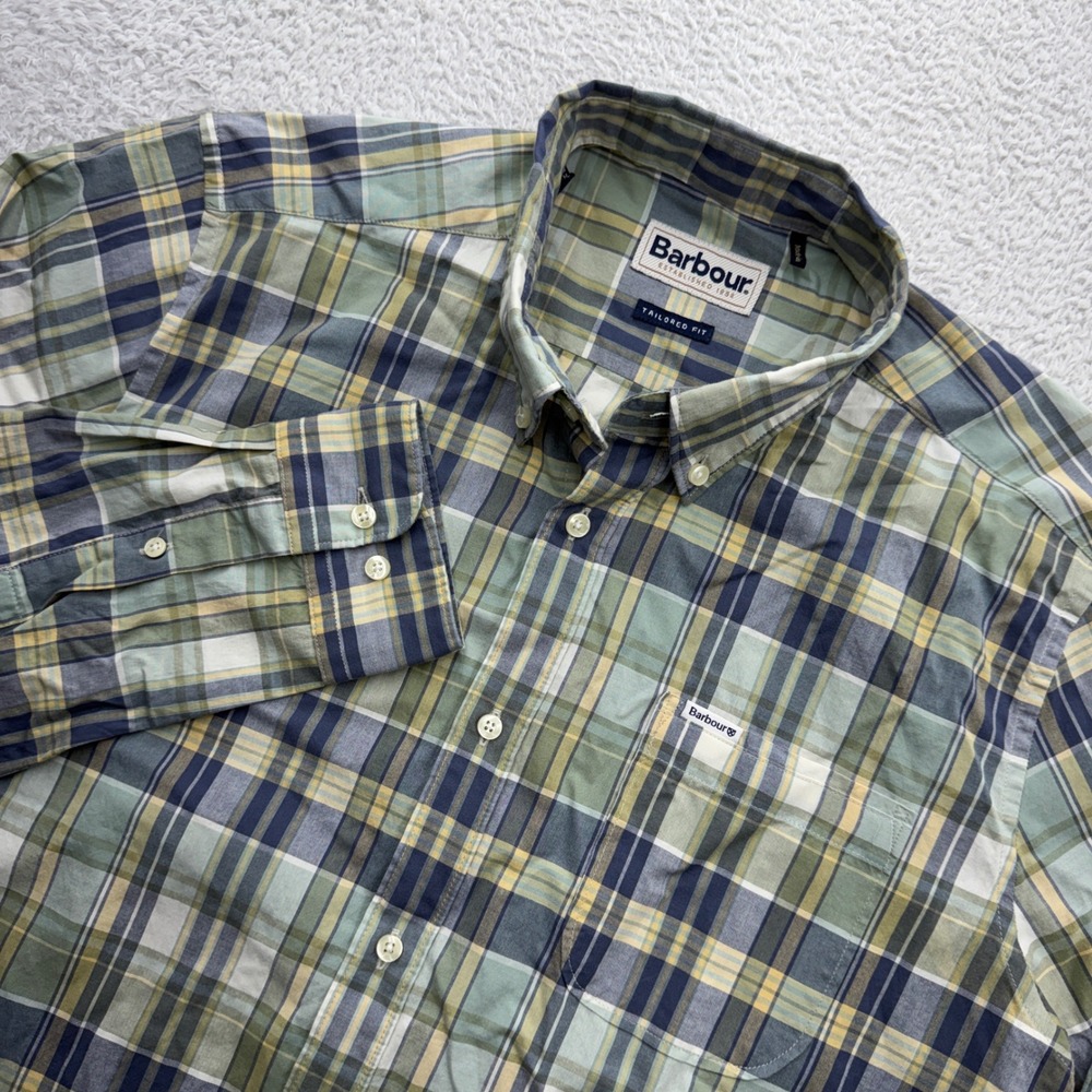 Barbour Mens Tailored Fit Plaid Button Down Shirt Green Blue MSH5124GN99 Size M